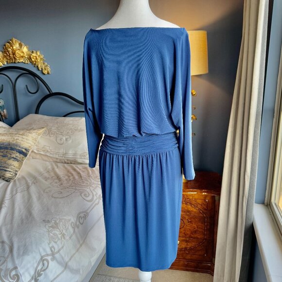 Evan Picone Royal Blue Boatneck Dress with Ruched Waist - Picture 3 of 10